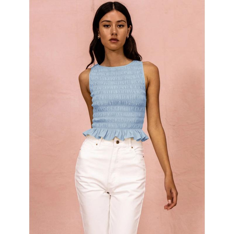 Женский весенний новый плиссированный топ с высокой эластичностью и оборкой по краю