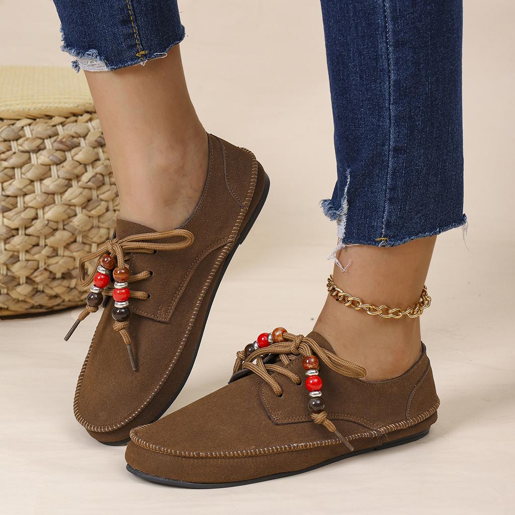Женские лоферы 2025 года, тупой носок, шнуровка, туфли с бусинами, повседневные весенне-осенние кроссовки, женская обувь в стиле ретро, обувь больших размеров для женщин