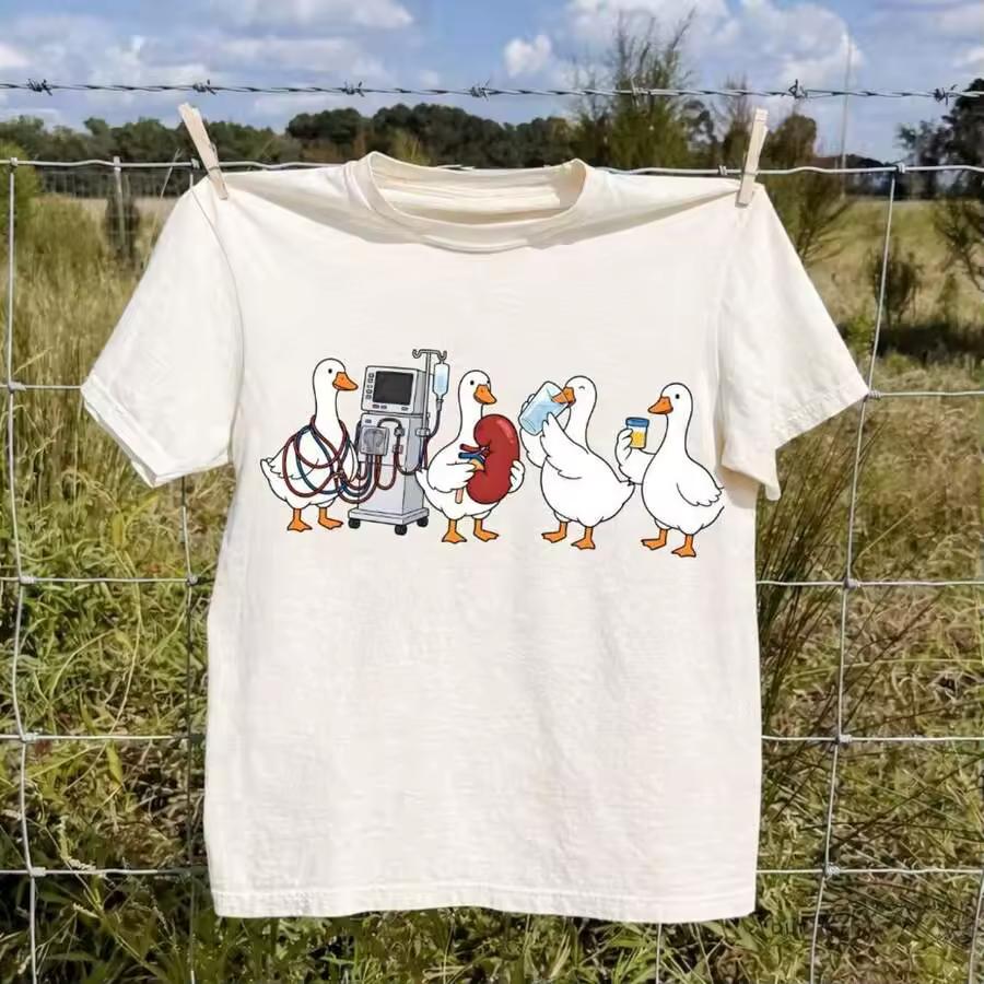 Women's Graphic T‑Shirt, Cute Cartoon Goose Nurse Fun Print College Aesthetic Versatile Summer Casual Daily Tops Multi‑Colors