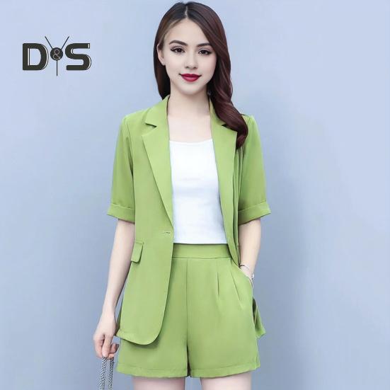 2 Piece Women Casual Outfit Lapel Short Sleeve Blazer Shorts Solid Color OL Style Single Button Blazer Shorts Set Elegant Office Suit