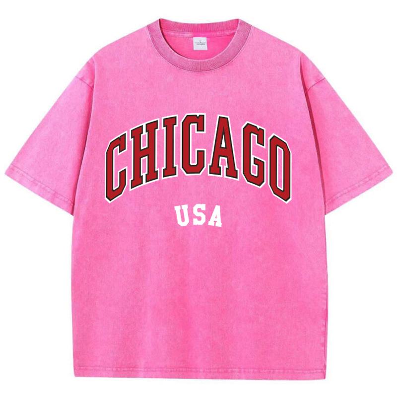 Women'S Cotton Washed T-Shirts All-Math Distressed Loose Tops Chicago Usa Printing Short Sleeve Summer Street Female Clothes