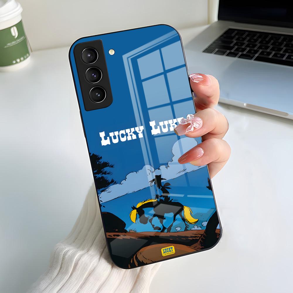 Чехол для телефона Мультфильм Счастливый Люк Для Samsung A56 A36 A26 A16 A15 A25 A35 A55 A14 A34 A24 A54 Стеклянный чехол