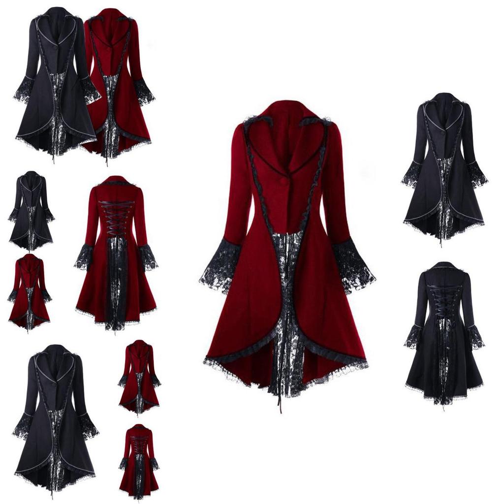Women's Victorian Style Long Sleeve Coat Dress With Turn-down Collar And Button Opening Front