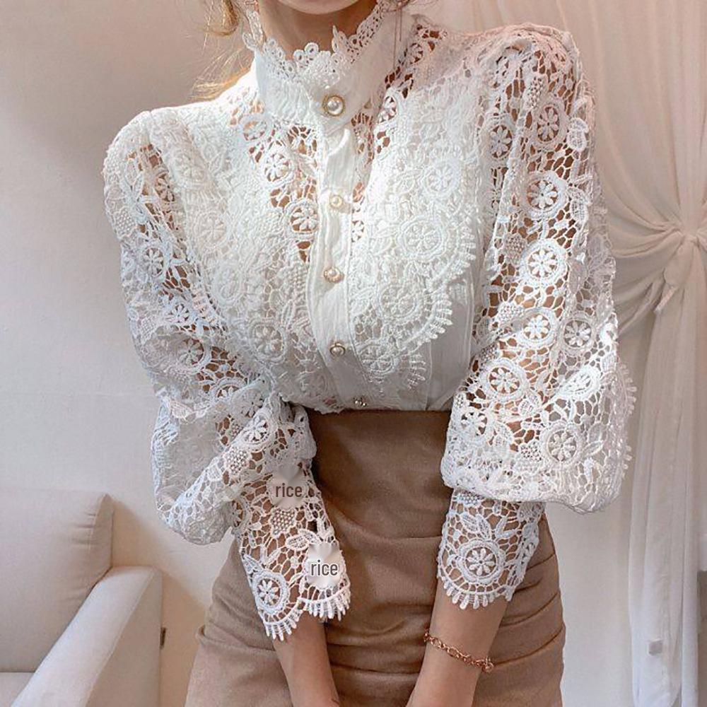 2023 Summer Lace Hollow Long-Sleeve Stand Collar Cotton Women's Shirt