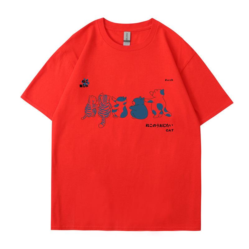 Рубашка с коротким рукавом, мужская, с рисунком кошки, летние, свободные и универсальные, студенческие футболки