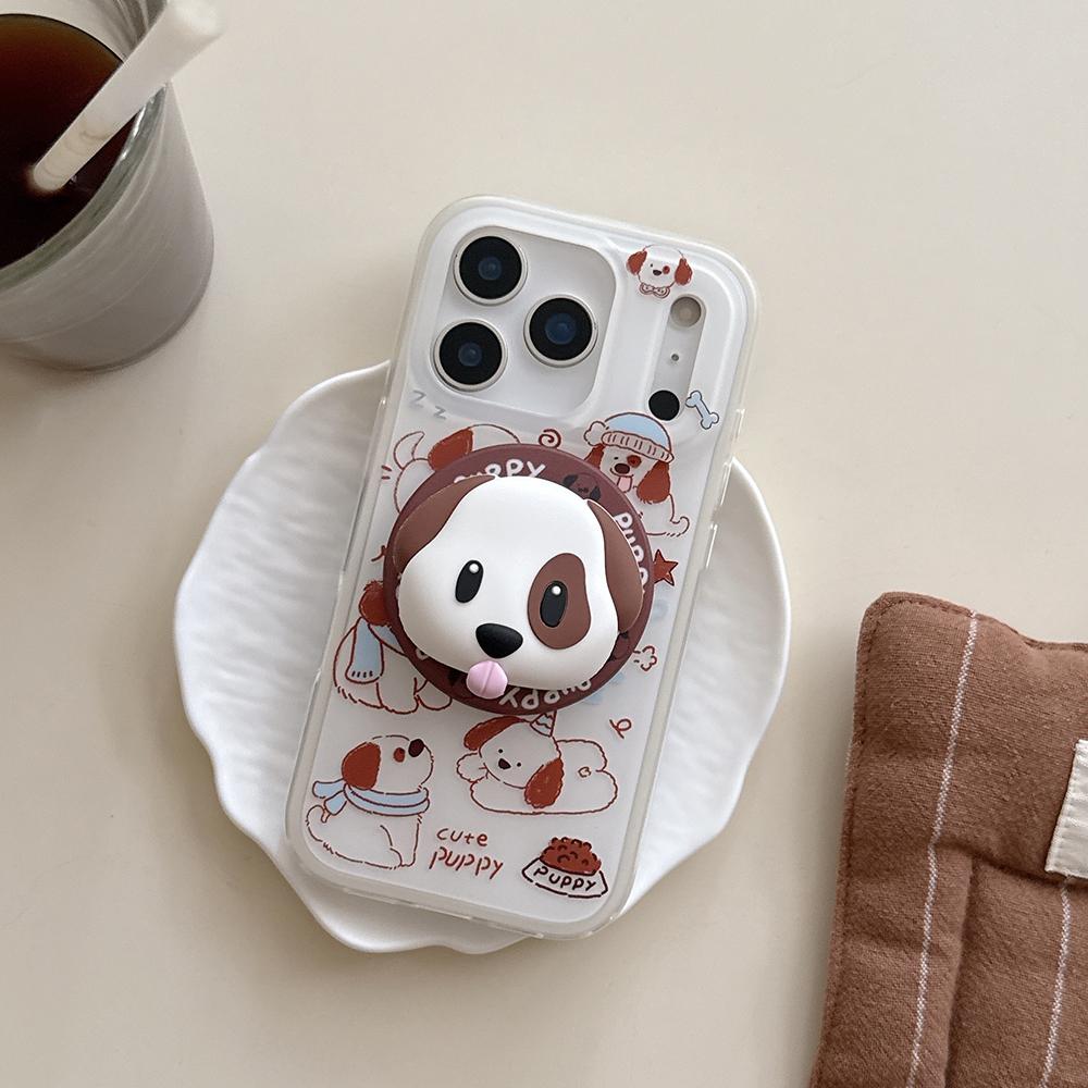 2 IN 1 Cute Puppy Cartoon Magnetic Grip Tok Phone Case for iPhone 17 Pro Max 15 14 16 Wireless Charge Funny Cover for Magsafe