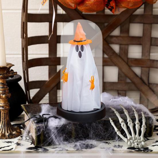 Хэллоуин Призрак Декор Светящийся Призрак в Стеклянном Колпаке с Деревянным Основанием Милый Призрак Ночник Украшение для Стола Полки Камина Комнатный Декор