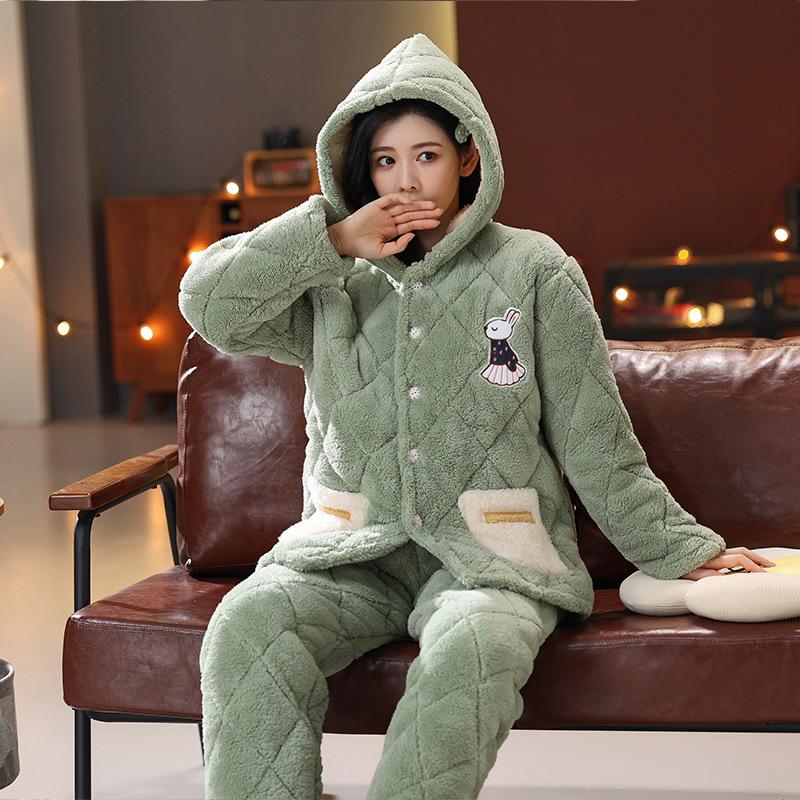 Пижама женская зимняя утолщенная трехслойная стеганая из хлопка и флиса для сохранения тепла, большого размера, можно носить как домашнюю одежду из кораллового флиса