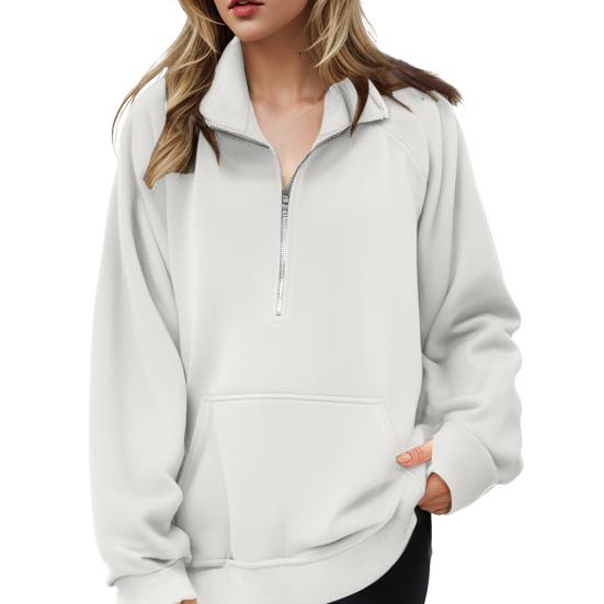 Women Fall Winter Sweatshirt Lapel Zipper Half Placket Long Sleeve Front Pocket Pullover Tops Solid Color Loose Fit Sport Sweatshirt