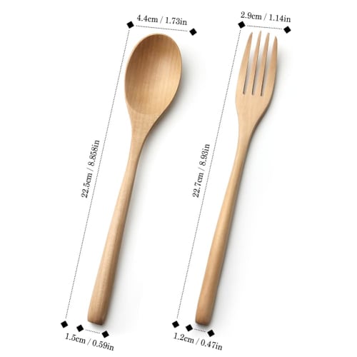 YFWOOD 4-Piece Wooden Cutlery Set, 22.5cm Long, Lightweight Dinner Spoon and Fork Set for Soup, Curry, Salad, Commuting, and Lunchboxes