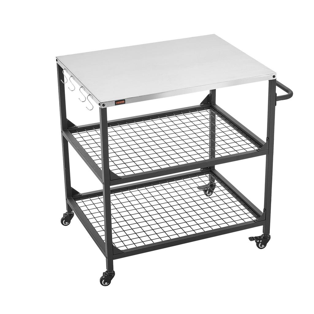 Outdoor Grill Cart, 800 x 610mm Stainless Steel Tabletop Size Grilling Table, Outdoor Cooking Table with 4 Wheels & Side Handle, Two Mesh Shelves, BBQ