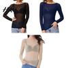 Lightweight Long Sleeve Tops Sexy Skinny See-through Black Mesh Pullover O-Neck Solid Color Transparent Punk Club Tee Shirt Women Sheer Blouses