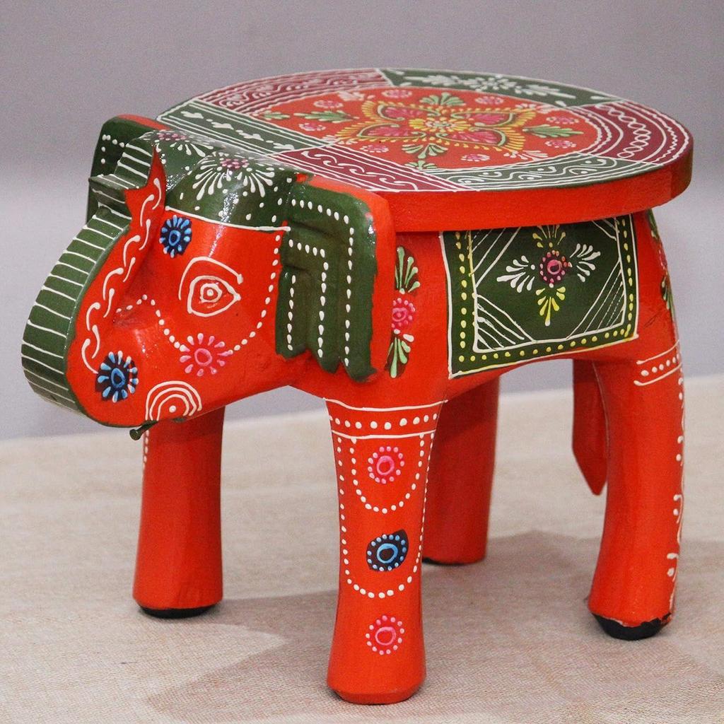 Handcrafted and Hand-Painted Colorful Wooden Elephant Stool/Side Table for Home/Office/Living or Bedroom Decor (Orange & Green)