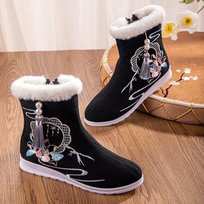 2024 Осень Этнический Стиль Холщовые Вышитые Сапоги Внутренние Увеличивающие Рост Теплые Сапоги Зимняя Обувь Для Женщин До Середины Икры Snow Bota