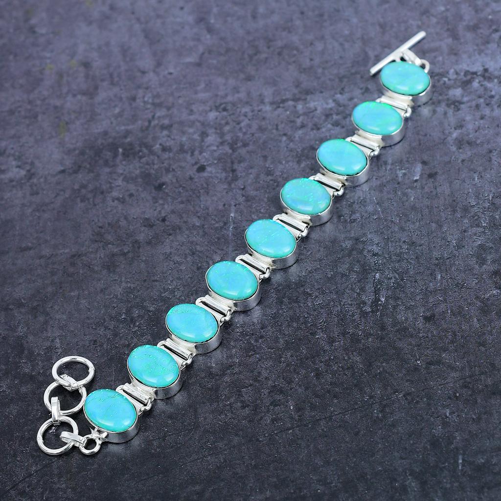 Браслет ручной работы из серебра 925 пробы с зеленым опалом и тремя драгоценными камнями 7-8 дюймов o6H77