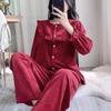 Женский ретро пижамный комплект из красного бархата - кардиган с длинным рукавом и брюки для осенне-зимнего комфорта