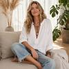 Women Shirt, V-Neck Long Sleeve Summer Tops, Pure Color Loose Fit Casual Blouse for Work Parties Vacations Dates