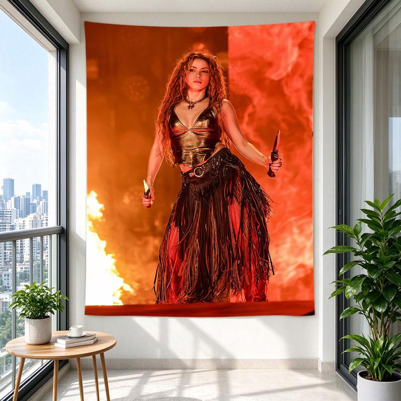 Shakira Live Stage Photo Gold Fringe Outfit Knives Fire Red Concert Art