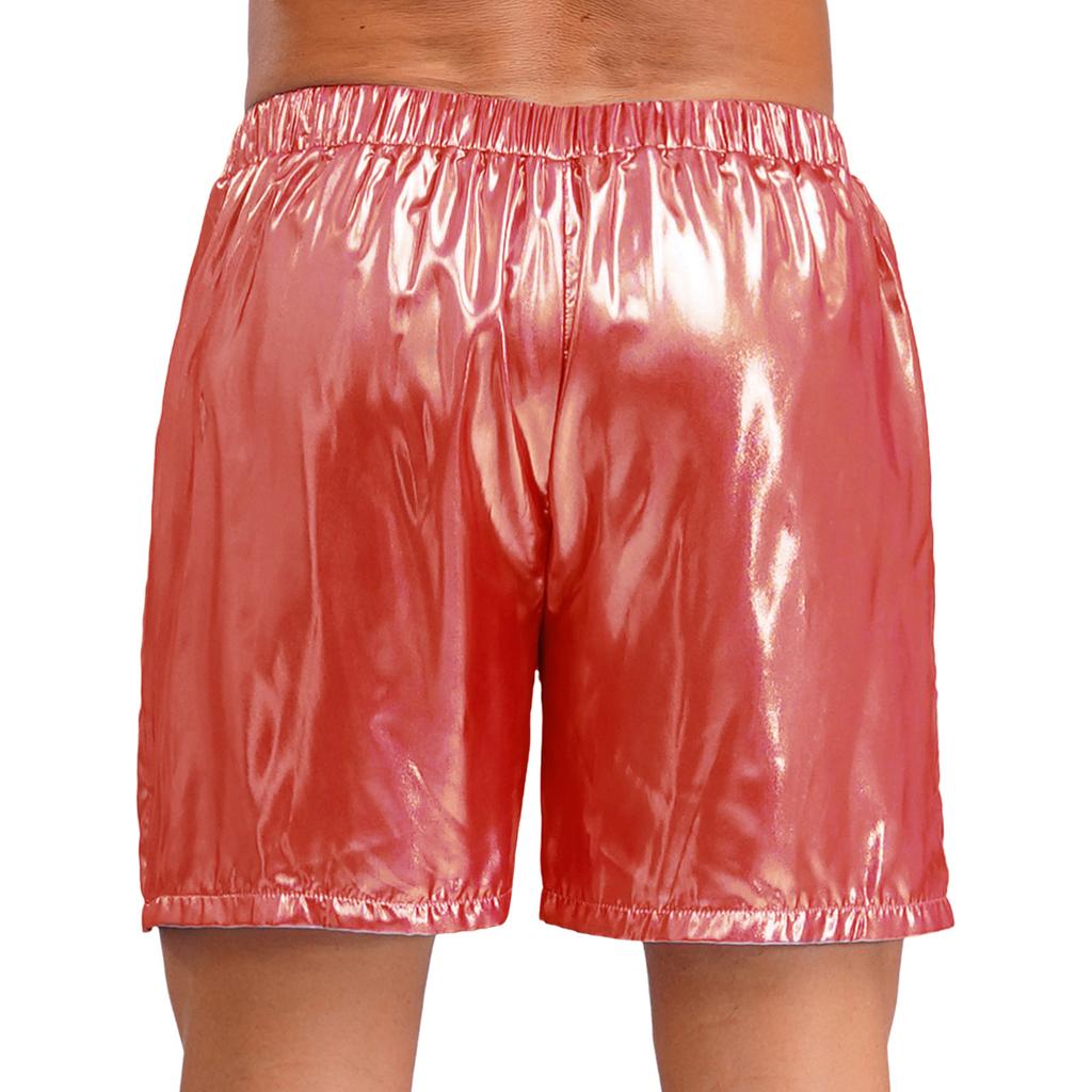 Mens Shiny Boxer Shorts Elastic Waistband Side Pocket Design Loose Fit Glossy Beach Shorts Loungewear
