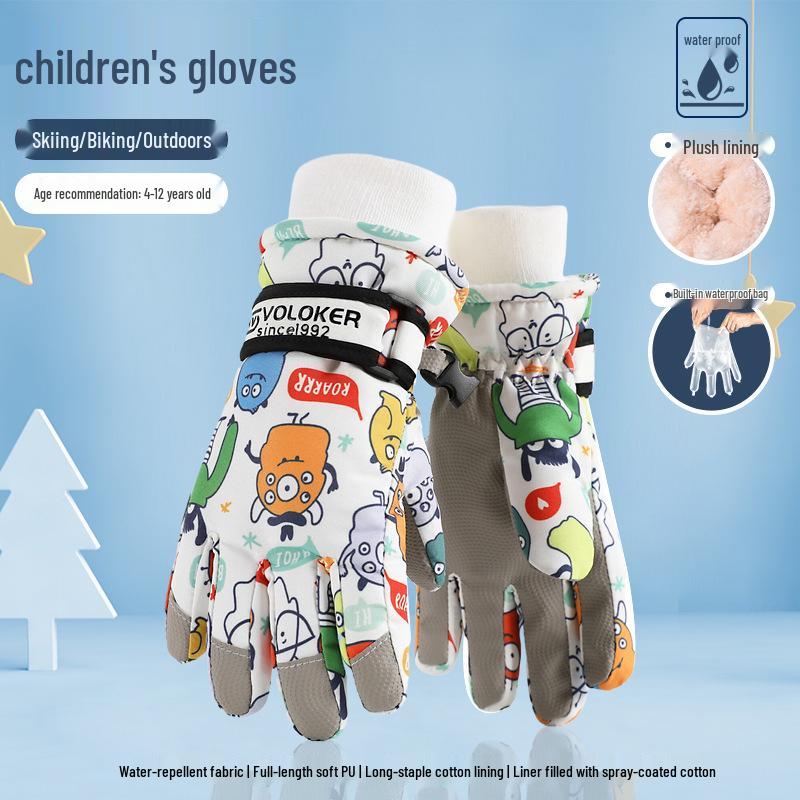 Водонепроницаемые детские горнолыжные перчатки — теплые, нескользящие, утолщенные, с бархатной подкладкой для мальчиков и девочек