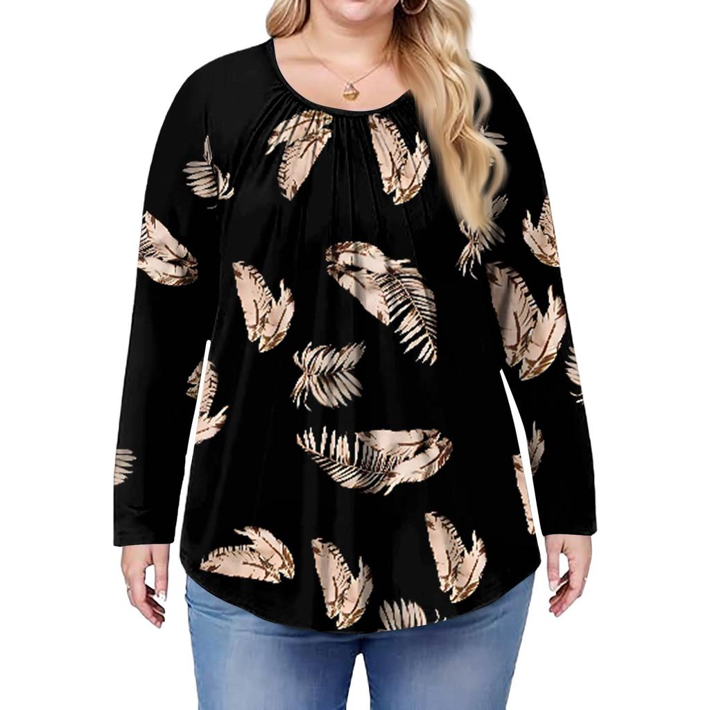Women's Plus Size Fashion Printed Casual Pleated Round Neck Long Sleeve Top