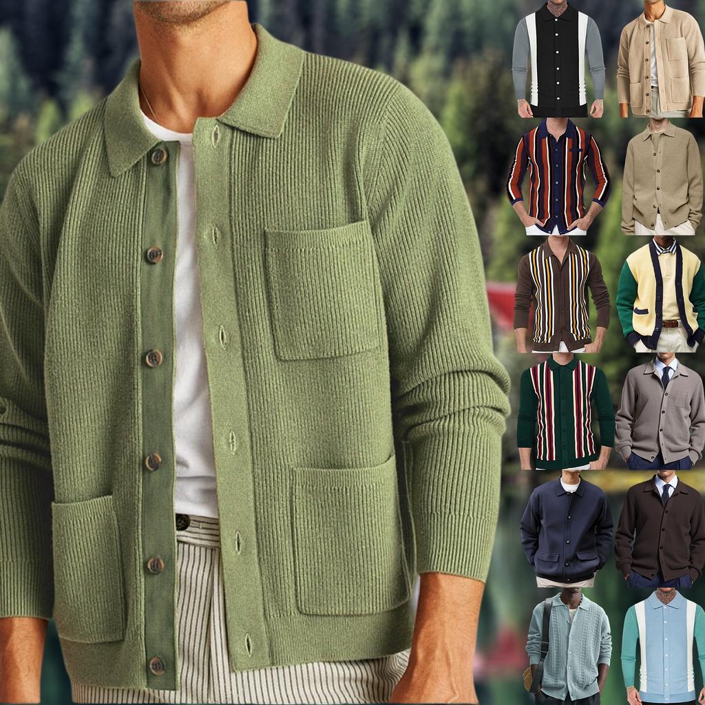 Мужской повседневный вязаный кардиган с квадратным вырезом и множеством карманов, однотонное пальто-свитер с открытой передней частью