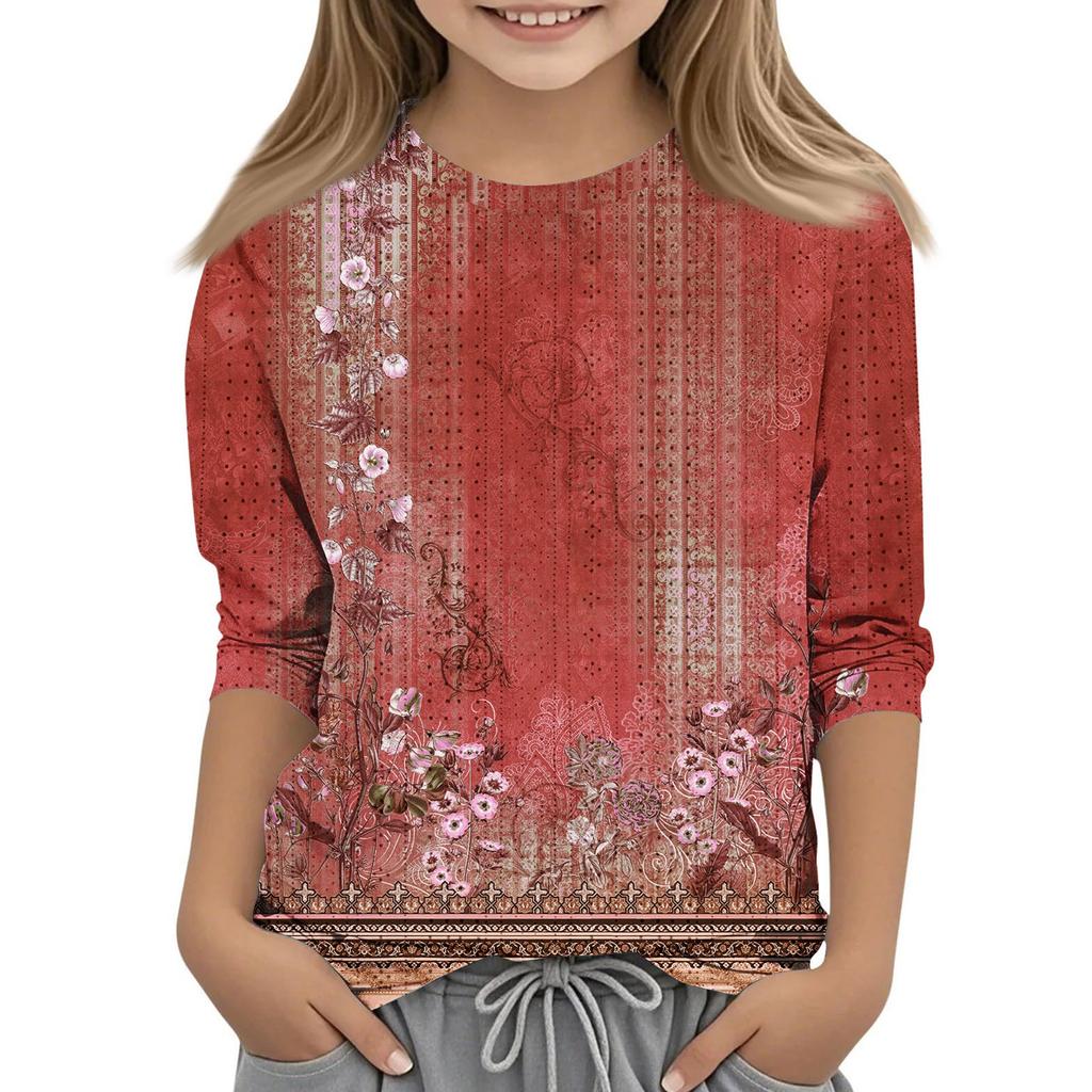 Топы с принтом для девочек 5-16 лет с круглым вырезом и рукавами 3/4 Футболки Модные топы Наряды Футболки