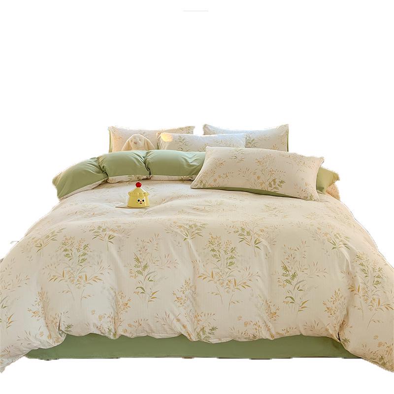 Class A Fresh Four-Piece Set: Washed Cotton Bed Sheet & Duvet Cover with Double Layer Gauze - Home Bedding Collection