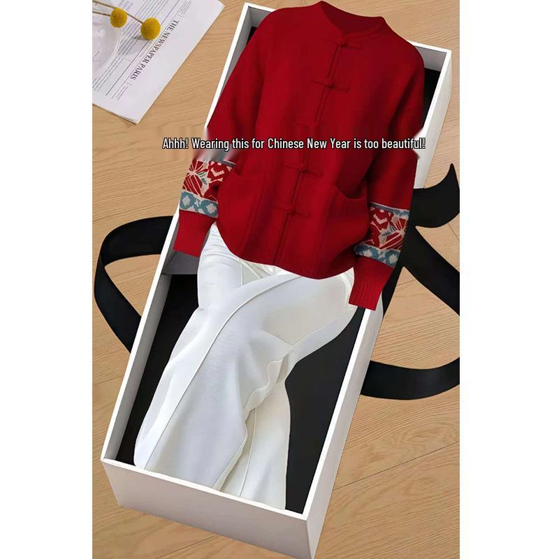 New Chinese Style Red Knit Sweater for Women - National Fashion Autumn/Winter 2025