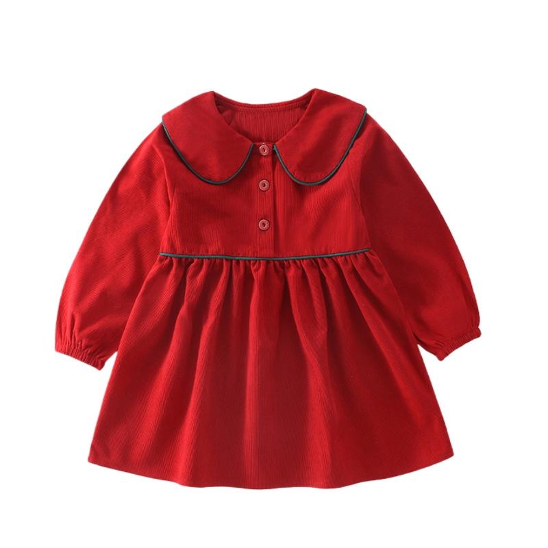 Вельветовое платье для девочек Платье принцессы для девочек с воротником Питер Пэн, темно-красное платье