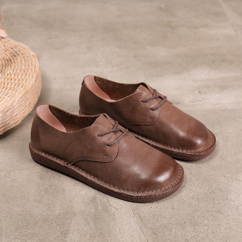 Весенние и летние кожаные туфли ручной работы с круглым носком на плоской подошве из мягкой коровьей кожи для женщин