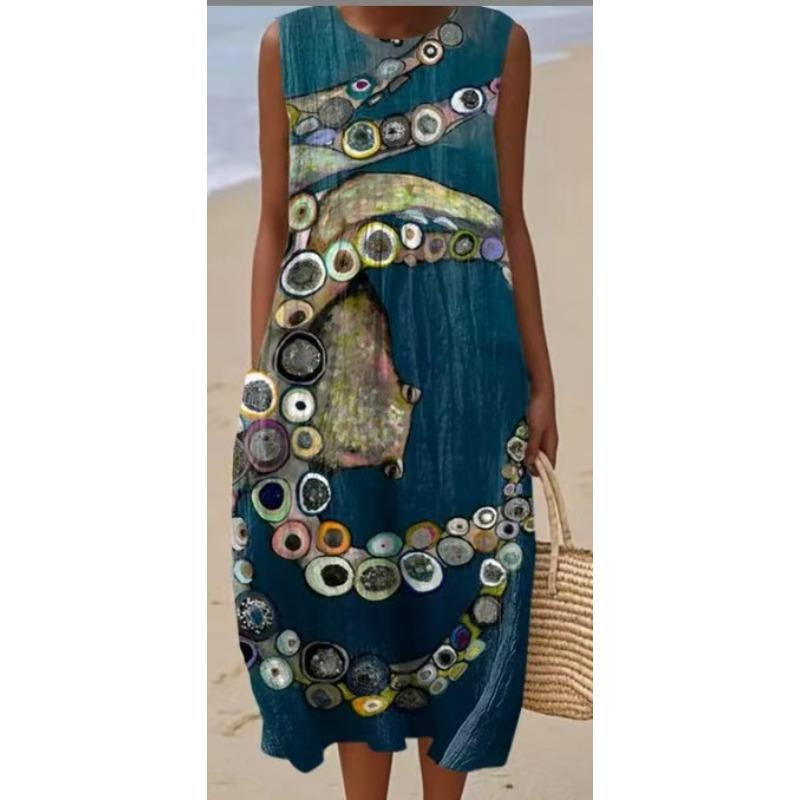 LYRIA 3D Print Roundneck Lightweight Dress Sleeveless Summer Beach Dress Casual Fashion A-Line Dress Women Elegant Floral Dresses