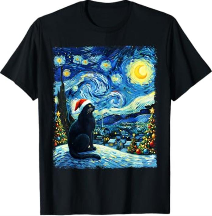 Black Cat Christmas Santa Hat Funny Meowy Cat Men Women T-Shirt