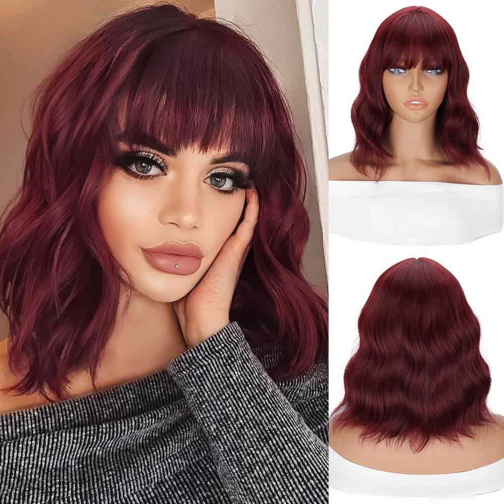 Synthetic Wavy Wig With Bangs Shoulder Length Wigs With Natural Wavy Heat Resistant Fiber Wig For Women Daily Use