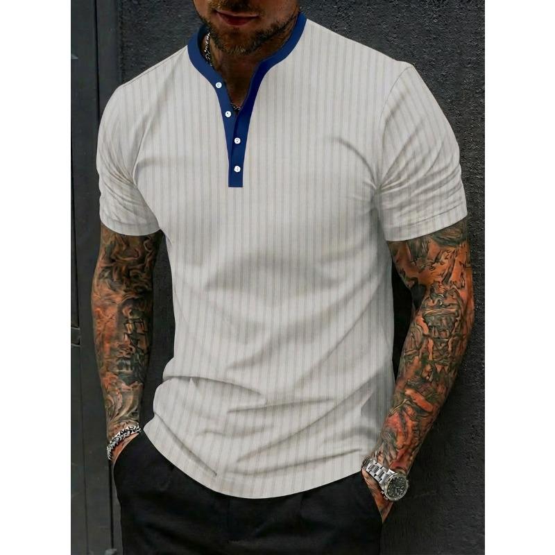 Мужская повседневная полосатая рубашка-henley с коротким рукавом и пуговицами