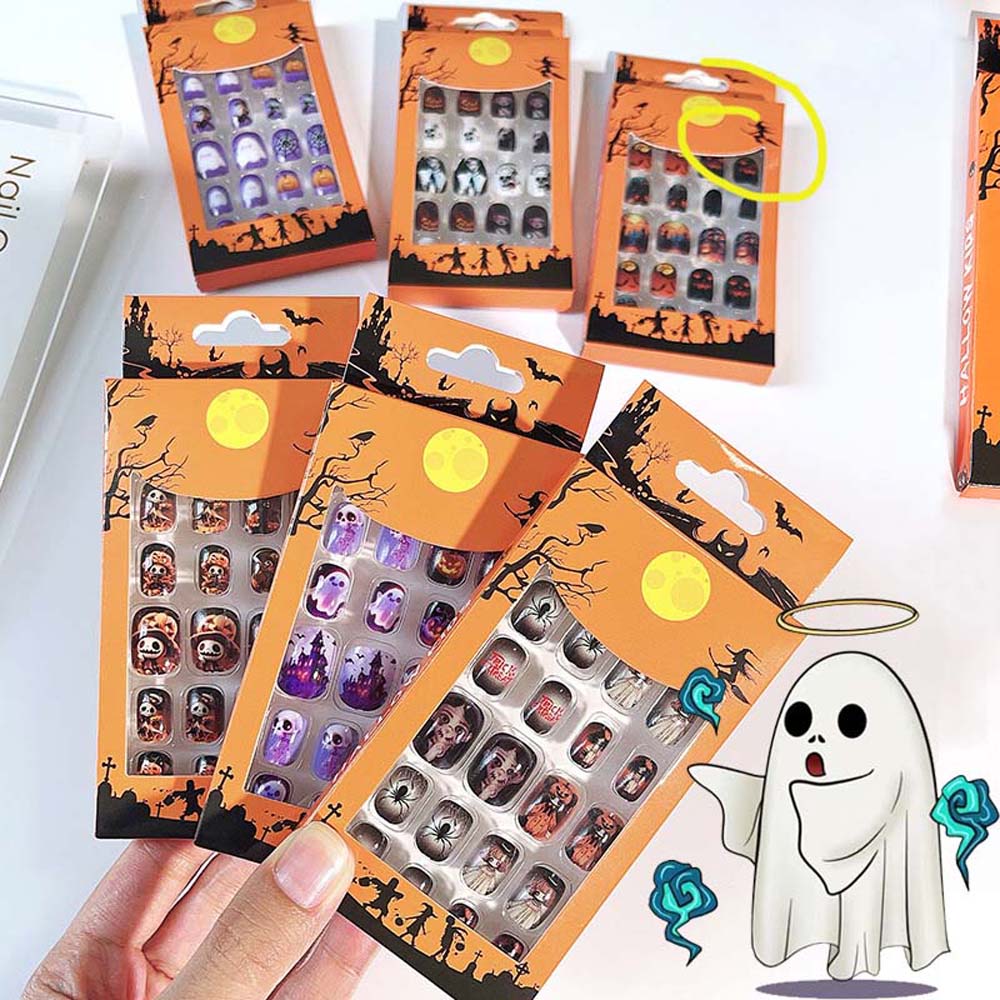 24Pcs/set Pumpkin Children Halloween False Nails Ghost Kids Fake Nail Extension  Girls