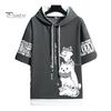 Men Summer Hoodie Cartoon Cat Letter Print T-shirt Hooded Drawstring Short Sleeve Pullover Tops