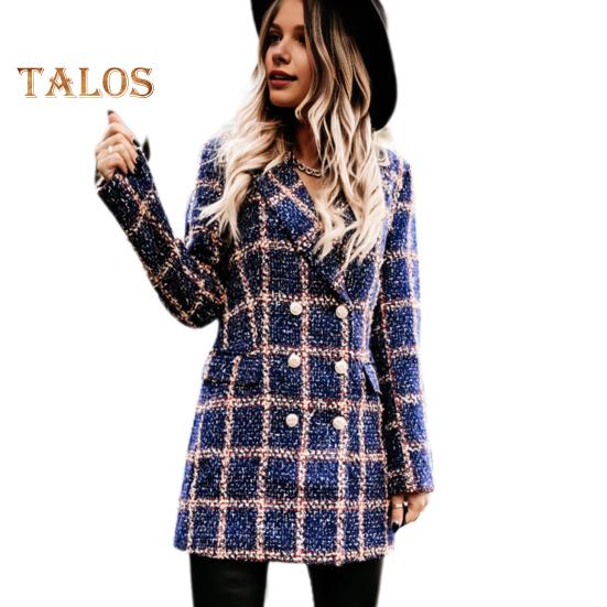 Зимнее осеннее женское пальто с отложным воротником, клетчатый принт, двубортное, с длинными рукавами, плотная куртка средней длины для свиданий, поездок на работу, офиса