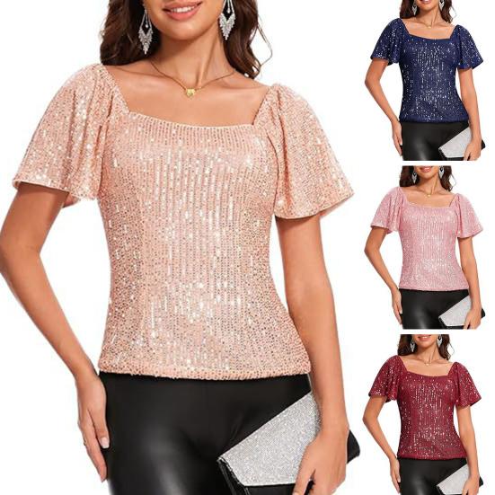 Women Tops Square Collar Puff Short Sleeve Sequin Tops Glitter Sparkling Party Blouse Evening Party Tops
