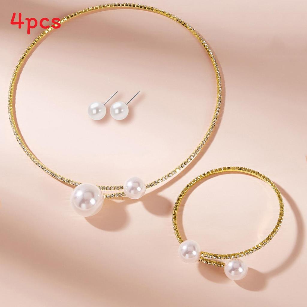 Artificial Pearl Jewelry Set With Diamondaccented Necklace Earrings And Bracelet For Women