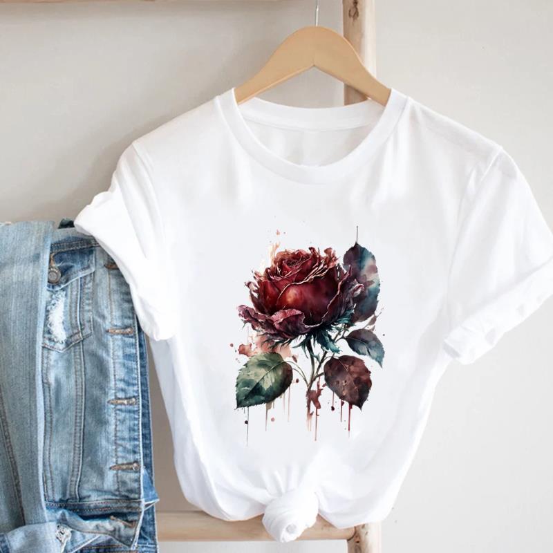 (Asian Size) Women Print Flower Floral Lovely 90s Trend Cute Tee Top Clothing Fashion Tshirt Lady Female Casual Short Sleeve Graphic T-shirt