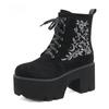 Fashion Flower Platform Boots Chunky Punk Suede Leather Womens Gothic Shoes Nightclub Lace Up Back Zipper High Quality