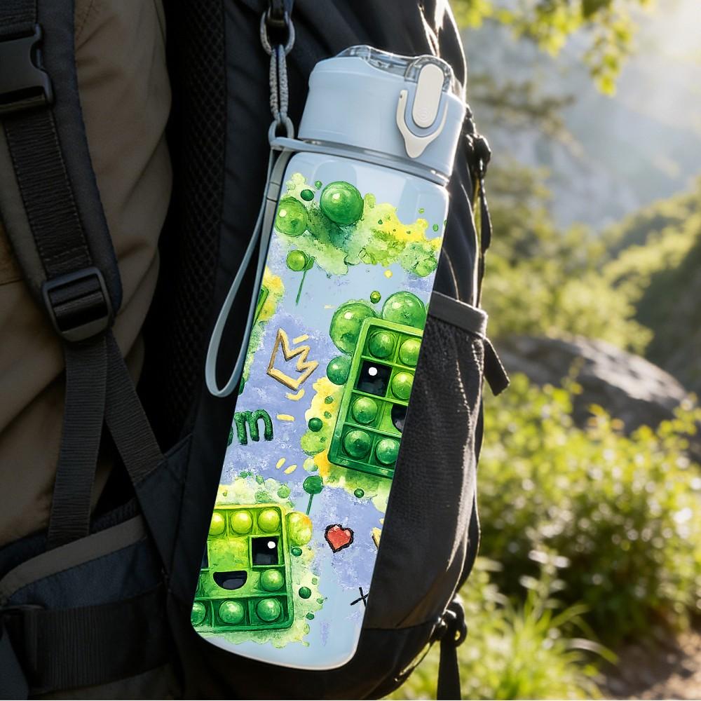 1PC Pixel Creeper Game Character Block Print 750ml Color Plastic Sports Water Bottle Leakproof Flip Straw Lid Suitable for Sports Office Home Use