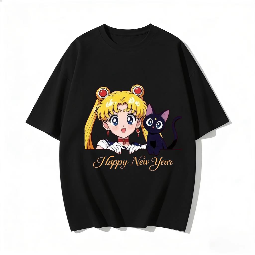 Hot New 2026 Hot Sailor Moon Happy New Year T-shirt Unisex Harajuku Hip Hop Punk T-shirt Y2K Gothic Cotton Oversized T-shirts