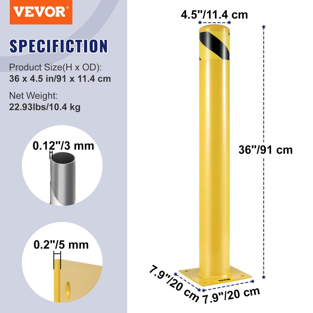 VEVOR Safety Bollard, 36 Inch Height Bollard Post, 4.5 Inch Diameter Steel Pipe Safety Bollard Post, Yellow Steel Bollard