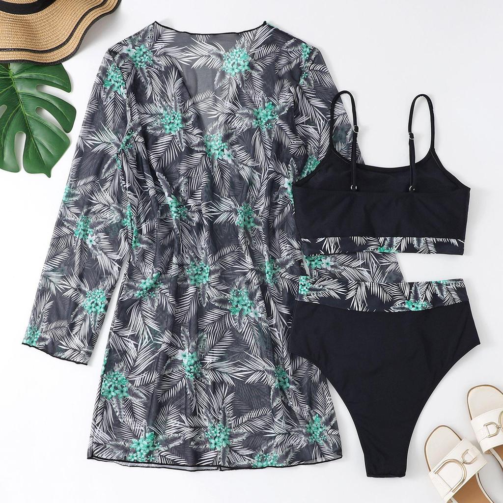 Женский разделенный комплект из трех предметов, блузка с высокой талией и длинными рукавами, солнцезащитные комплекты бикини
