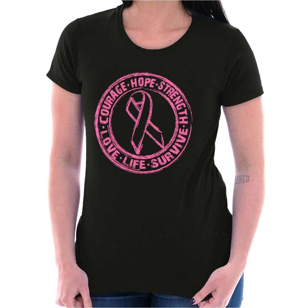 Pink Ribbon Courage Strength Hope Survive Womens Top Junior Graphic Tee