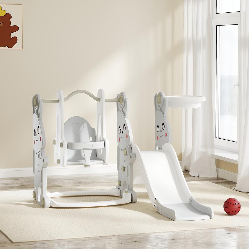 4-in-1 playset for toddlers. Slide. Swing. Climbing frame. Basketball hoop. Plastic. Rabbit design. Grey.