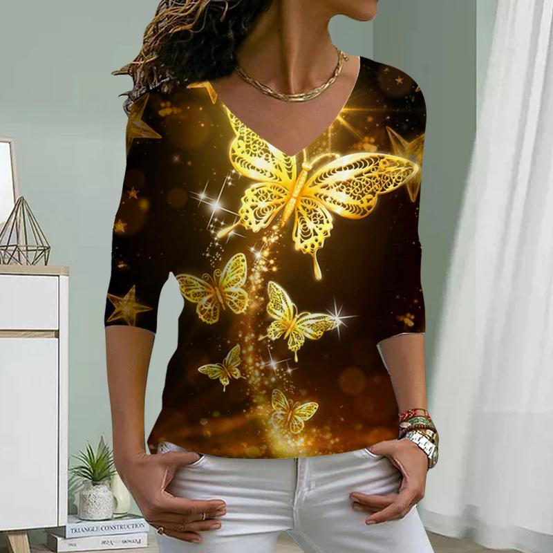 Long Tailed Butterfly Print Women Tshirts Ladies Tops Long Sleeve V-neck Pullover Femme T-shirts T Shirt For Women