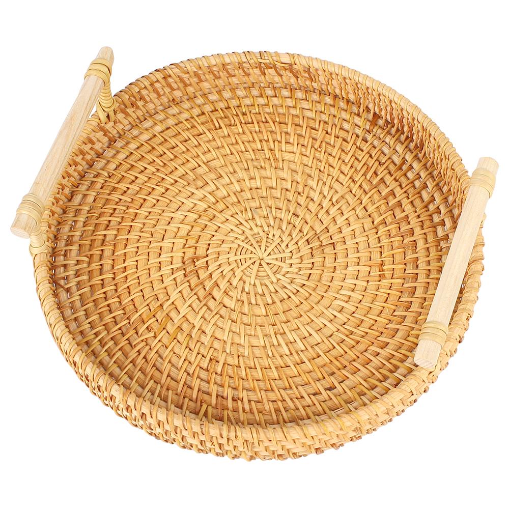 Round Shape With Handle Fruit Cake Wicker Basket Handwoven Rattan Storage Tray Breakfast Bread Food Plate Dinner Serving Tray